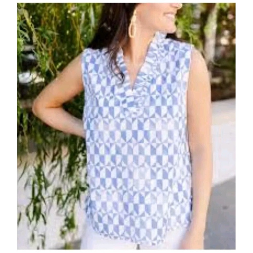 Michelle McDowell White Blue Sleeveless Cotton Ruffle V Neck Shirt Top XL